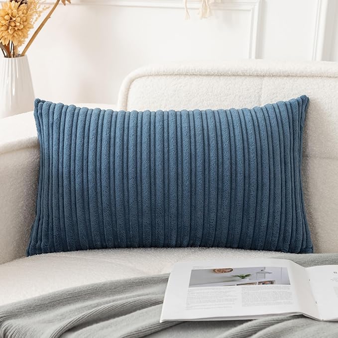UGASA Velvet 12x20 Inch Lumbar Soft Throw Pillow Cover Boho Farmhouse Decorative Corduroy Striped Both Sides Solid Rectangular Cushion Case for Couch Bedroom Sofa Home, 1 Piece, Dusty Blue