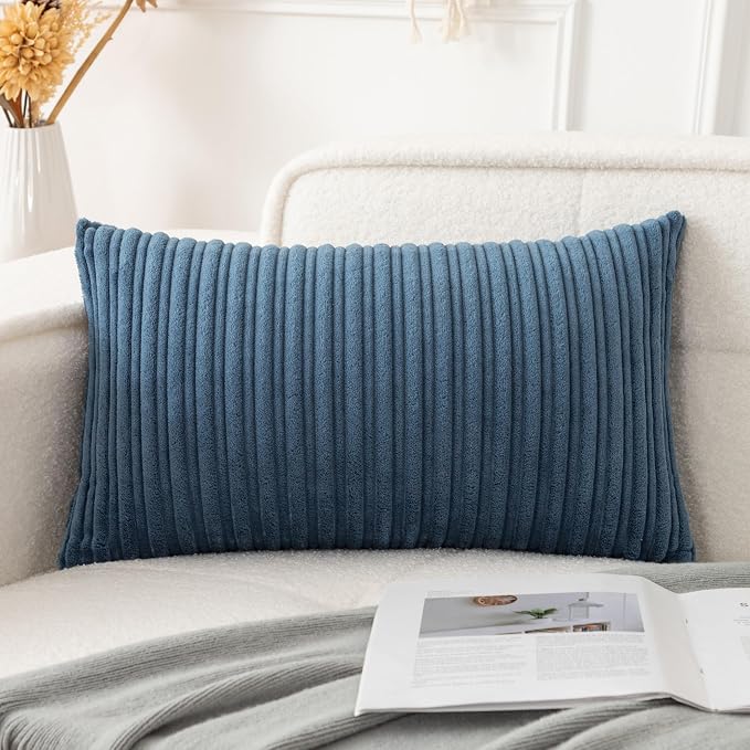 UGASA 12x24 Inch Pillow Cover Pack of 1 Soft Boho Stripe Corduroy Long Rectangular Lumbar Cushion Cover Farmhouse Decorative Throw Pillowcase for Bed, Couch, Sofa, Bedroom, Living Room, Dusty Blue