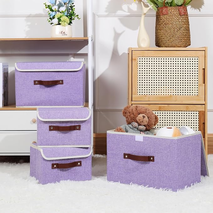 ANMINY Fabric Storage Box Bins with Lids, Purple, 15"x10"x10" | Keepsake Memory Storage, Cotton Linen, PP Board Reinforced, Washable, PU Handles, Foldable & Stackable, Decorative, Large