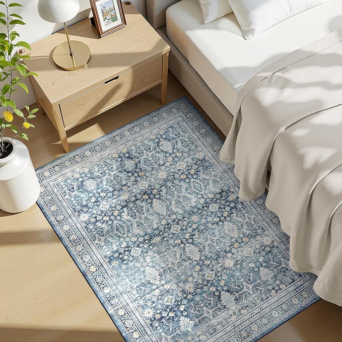 3x5 Area Rugs for Entryway, Blue Washablee Non-Slip Area Rug for Kitchen | Soft Area Rug for Dining Room Home Office Indoor Nursery, Stain Resistant, Low Pile, Vintage Boho Distressed Rug