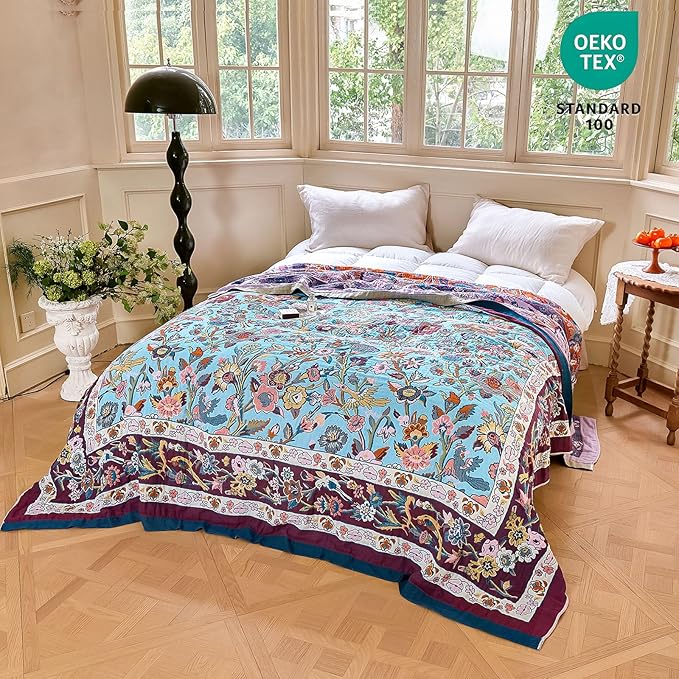 MSGKV Boho Throw Blanket 60"x80" Summer Cotton Birds Floral Blanket for Bed | 100 Cotton Muslin, Bird & Floral Throw Blanket, Reversible Weave, Soft & Breathable, Nature Inspired Design, Machine Washable