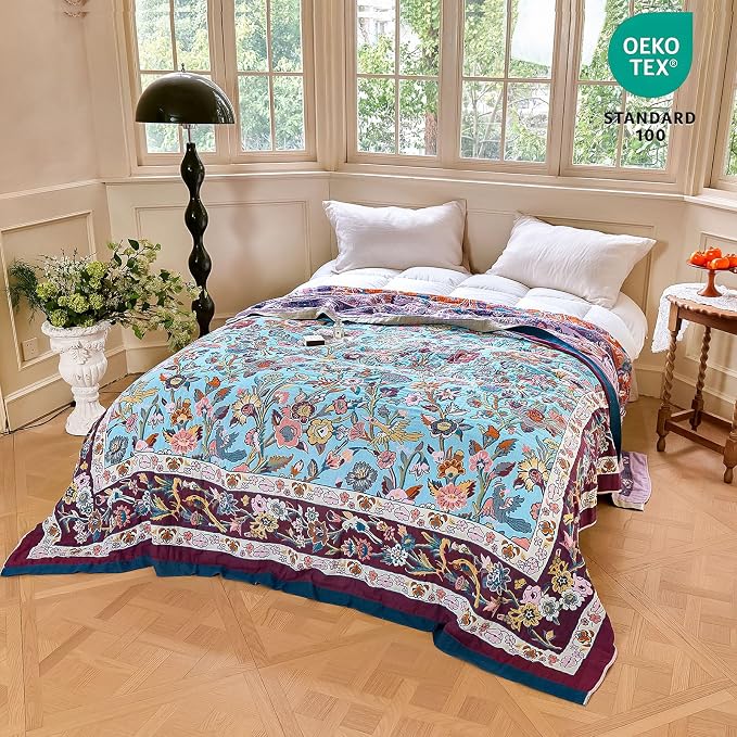 MSGKV Boho Throw Blanket 50"x60" Cotton Bird & Floral Throw for Bed & Couch | 100 Cotton Muslin, Bird & Floral Throw Blanket, Reversible Weave, Soft & Breathable, Nature Inspired Design, Machine Washable