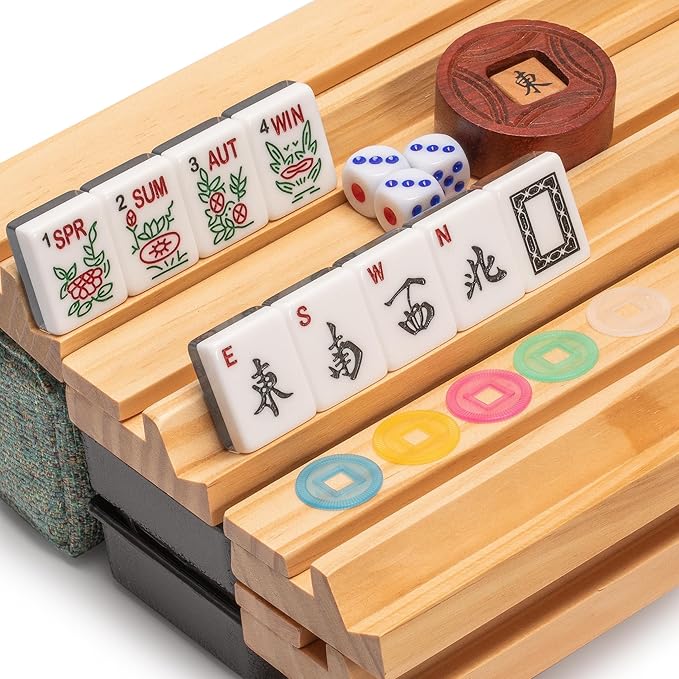 Yellow Mountain Imports American Mahjong Set, Atlantica with Fabric Case, 4 Wooden Pusher Racks, Wind Indicator, Dice & Wright Patterson Count Scoring Coins