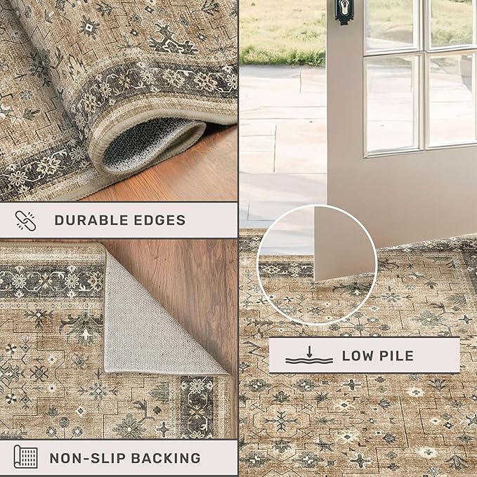 Hazo Haus Soft Taupe 2x7 Runner Rug for Hallway, Natural Runner Rug for Kitchen, Non-Slip Low-Pile Washable Stain Resistant, Vintage Boho Earthy Décor