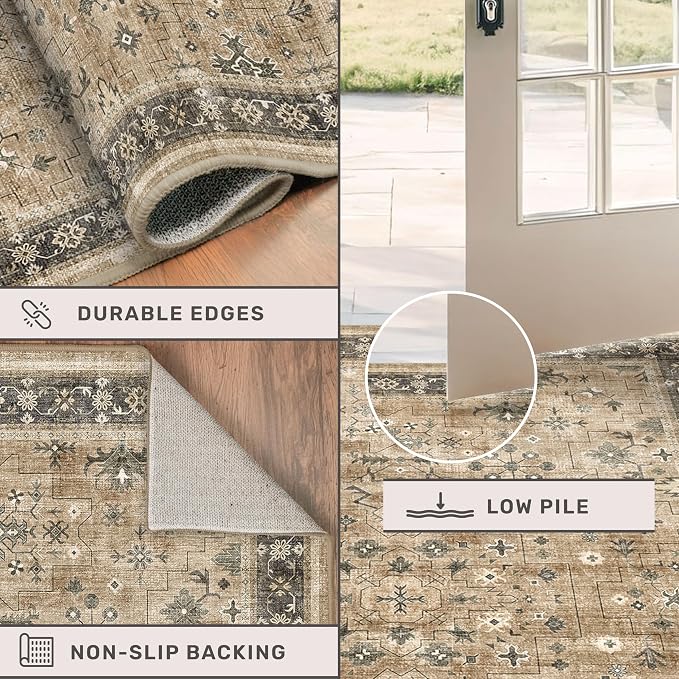 Boho Washable 3x10 Extra Long Runners for Hallways, Earthy Sage Taupe Kitchen Runner Rug, Vintage Entryway Indoor Rug, Non-Slip Stain Resistant Low Pile Throw Rug