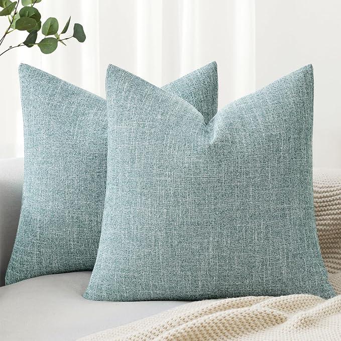 MIULEE Pack of 2 Decorative Linen Burlap Coastal Pillow Covers Farmhouse Boho Accent Pillowcases for Sofa Car Couch Bedroom Living Room Decor 18x18 Inch Teal