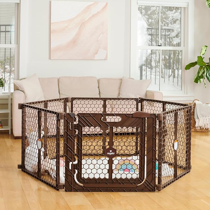 Regalo Safety 192” Super Wide 2-in-1 Baby Gate & Play Yard with Door, Adjustable 6-Panel Plastic Safety Gate for Doorways & Large Openings, Hardware Mounted Baby & Pet Gate, Brown