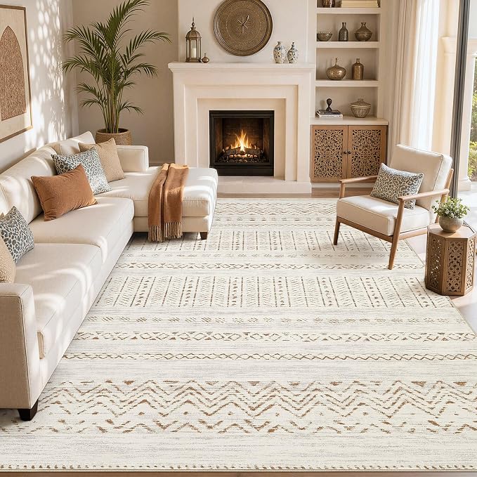 cotiled 5x7 Area Rugs Living Room Rug: Washable Boho Rugs with Non Slip Backing Large Soft Indoor Stain Resistant Carpet for Bedroom Farmhouse Dining Room Lightweight Home Decor Brown/Cream