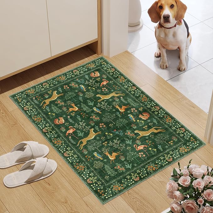 DUKINO 2x3 Entryway Rug, Washable Door Mat Animal Rug for Kitchen, Green | Non Slip, Low Pile, Soft Indoor Small Rug for Entrance, Bedroom, Bathroom, Laundry, Pet Friendly, Lightweight, Non-Shedding