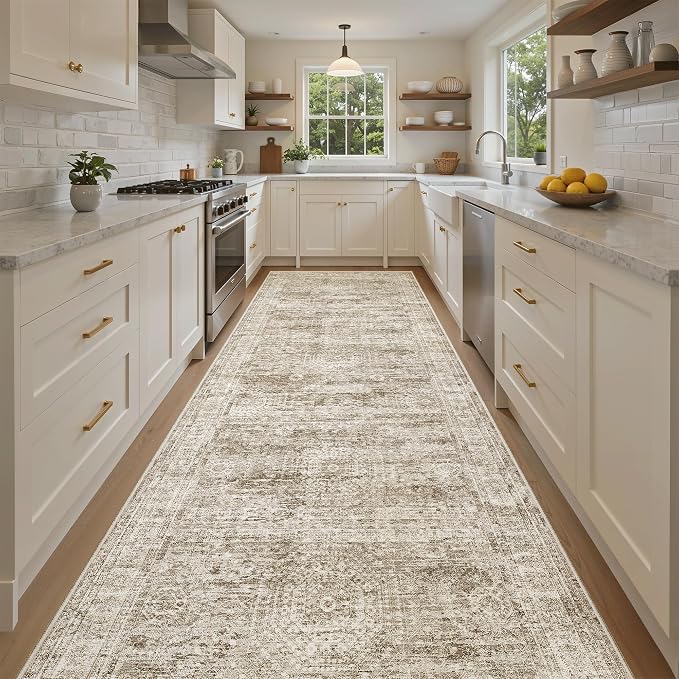 Soalmost Washable 4x12 Hallway Runner Rug Non-Slip Kitchen Entry Rugs Brown | Vintage Wide Runners for Living Dining Room Entryway, Stain Resistant Low-Pile Long Floor Carpet 12ft for Nursery Bedroom