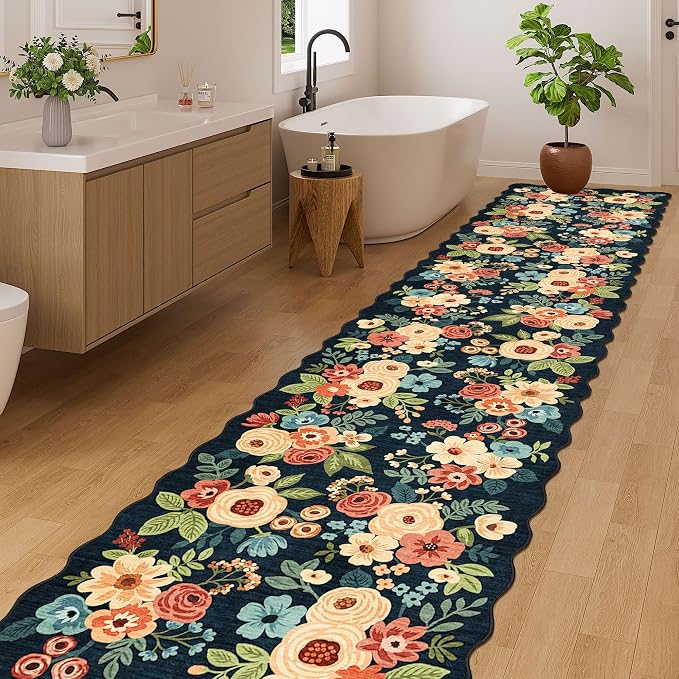 DUKINO 2.6x12 Washable Runner Rug, Floral Non Slip Kitchen Rug, Navy Blue | Low Pile, Stain Resistant, Soft Throw Rugs Runner for Hallway, Entryway, Bedroom, Bathroom, Modern Home Decor, Non-Shedding