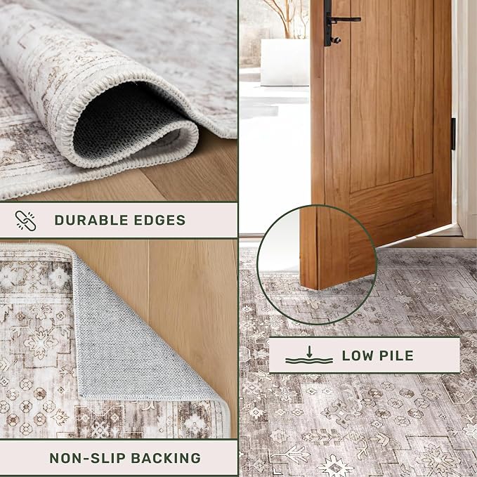 Washable Farmhouse Living Room Rug, 10x14 Area Rugs for Bedroom, Dining Room Under Table Carpet, Kids Room, Extra Large Boho Vintage Non-Slip Rugs Low Pile Stain Resistant (10x14 Beige/Latte)