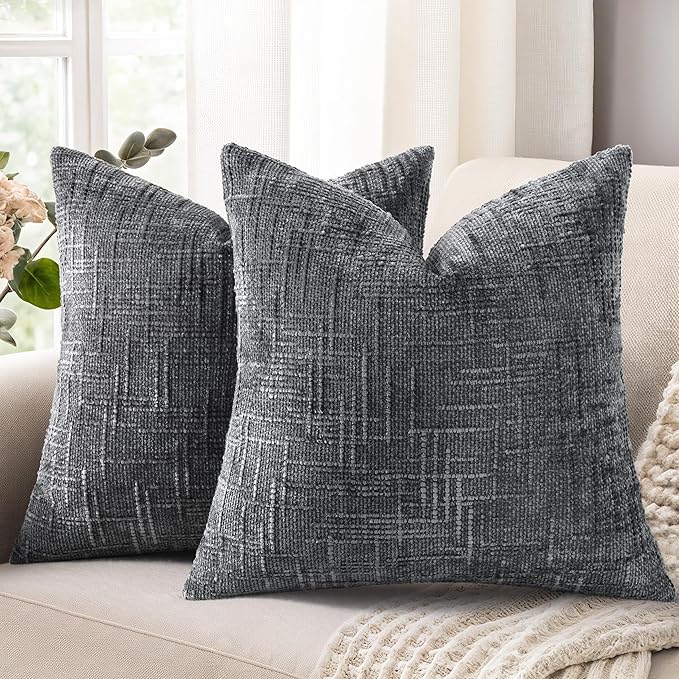 decorUhome Textured Chenille Throw Pillow Covers 16x16 Set of 2 Dark Grey | Fall Modern Farmhouse Soft Cozy Slubby Couch Pillow Cases Boho Decorative Pillow Cases for Bed Sofa Living Room Home Decor