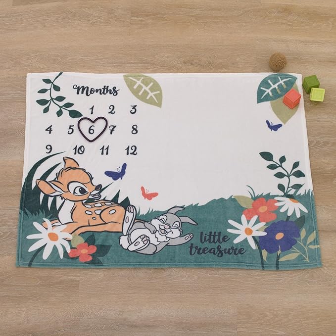 NoJo Disney Bambi White and Green Little Treasure Super Soft Photo Op Milestone Baby Blanket