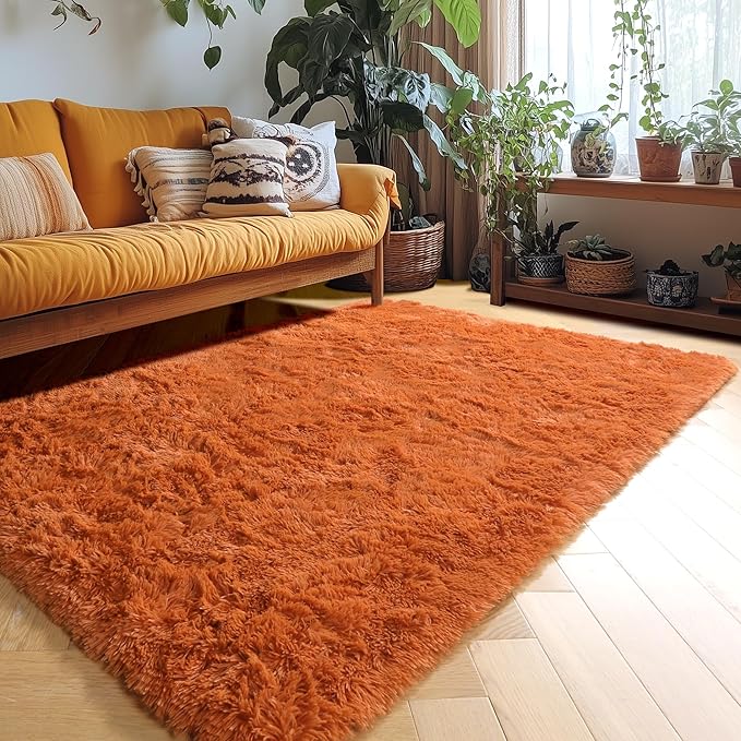 Amdrebio Burnt Orange Area Rugs for Living Room Bedroom, Fluffy Shaggy Fuzzy Thick Shag Rug 5x7 for Kids Room Decor, Modern Cute Plush Furry Dark Orange Carpet for Nursery Dorm Classroom Playroom