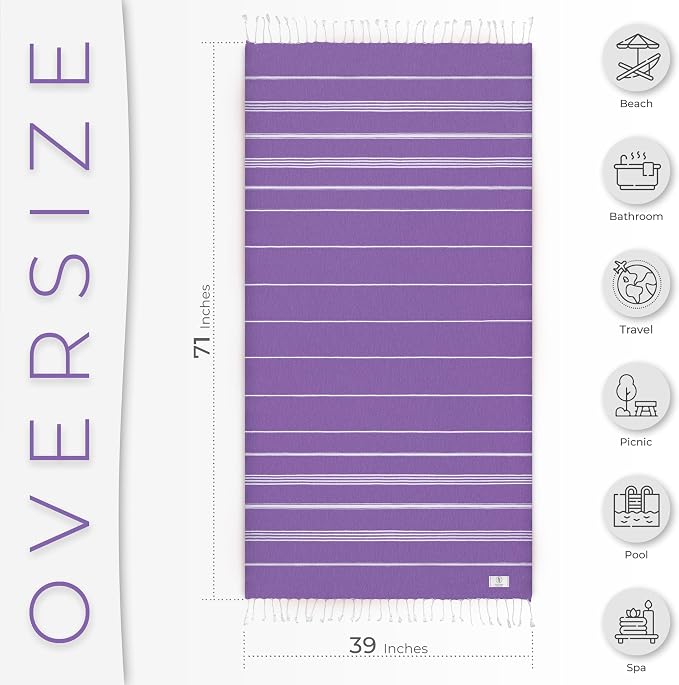 Ossano Turkish Beach Towel Soft & Fast Dry Oversized (39" x 71") - Quick Dry, Versatile and Functional as Yoga Mat, Picnic, Camping Blanket, Travel Blanket, Bath Towel - Lilac