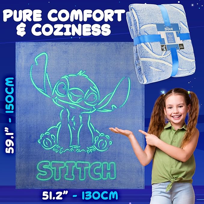 Disney Stitch Glow in The Dark Throw Blanket 51x59”, Soft Fleece Throw Blanket for Sofa Bed, Cozy Warm, Gifts for Kids, Teens, Adults (Blue Stitch)