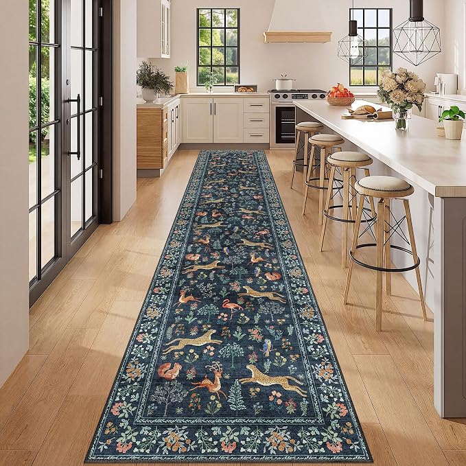 DUKINO 2.6x12 Hallway Runner Rug, Washable Animal Rug Non Slip, Navy Blue | Low Pile, Stain Resistant, Soft Indoor Long Carpet Runner for Entryway, Kitchen, Bedroom, Bathroom, Pet Friendly, Ultra-Thin