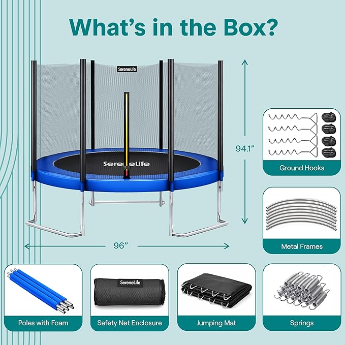 SereneLife Trampoline Outdoor 8FT 10FT 12FT 14FT with Enclosure Net, Ladder and Anti-Rust Coating - ASTM Approved Recreational Trampolines - Heavy Duty Yard Trampolines for Kids and Adults