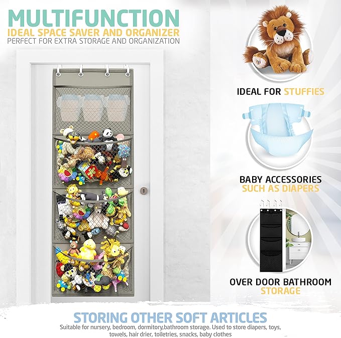 Honeyera Over Door Organizer for Stuffies, Baby Accessories, and Toy Plush Storage - Easy Installation with Breathable Hanging Storage Pockets (Gray)