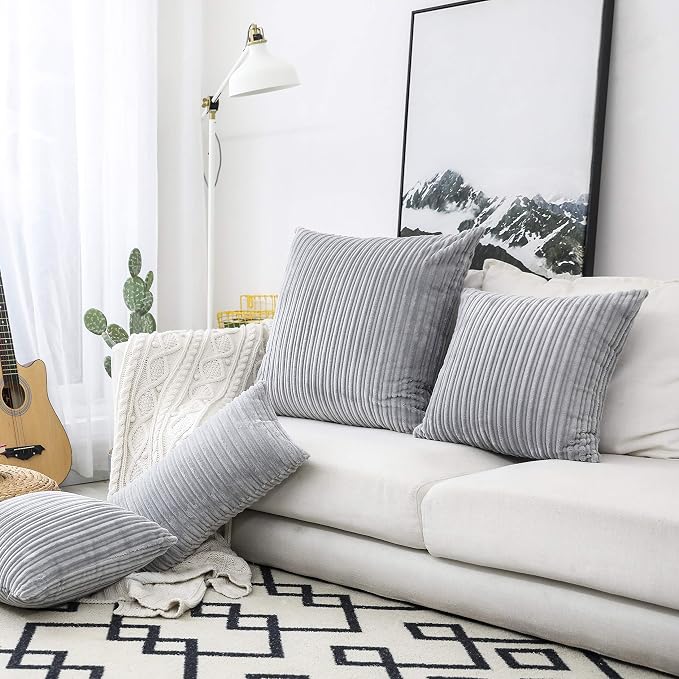 UGASA Velvet Pillow Covers Striped, Decorative Throw Cushion Case with Hidden Zipper for Home Couch/Bedroom/Car, Soft Cozy Solid Square, 1 Pack (20"x20", Light Grey)