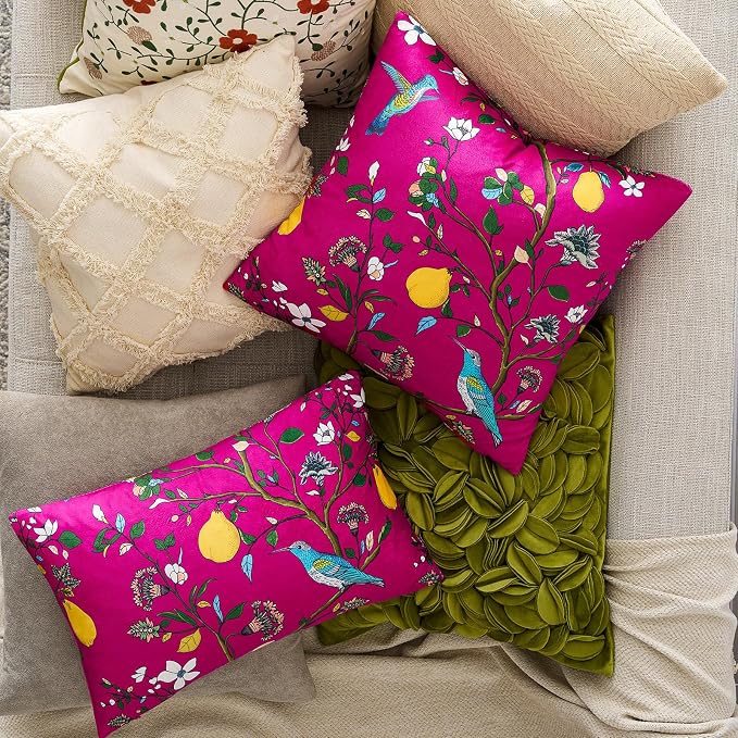 MUSSEL Hot Pink Velvet Floral Decorative 20x20 Pillow Covers Set of 2 | Durable Sturdy,Botanical Printed Pattern,Throw Pillows Case,Square,Colorful Mid Century Cushion Covers,Sofa Couch Decor