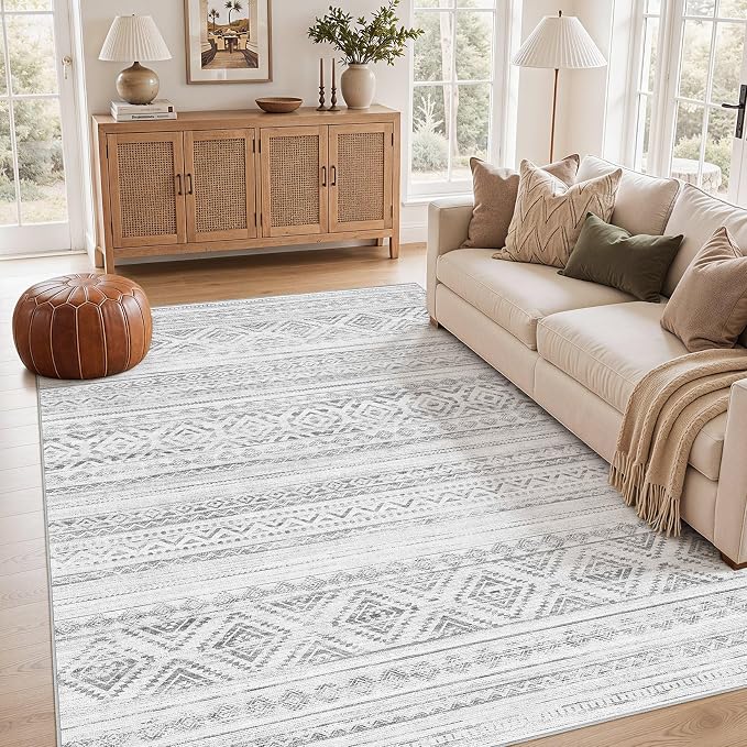 cotiled 5x7 Area Rugs Living Room Rug: Washable Boho Rugs with Non Slip Backing Large Soft Indoor Stain Resistant Carpet for Bedroom Farmhouse Dining Room Lightweight Home Decor Light Grey