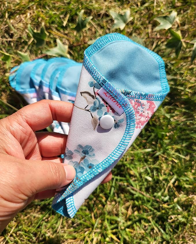Lilind® 7 Pack Thong Pantyliners on Blue Flowers, Reusable Organic Cloth, Washable Menstrual Pads, Zero Waste 100% Cotton