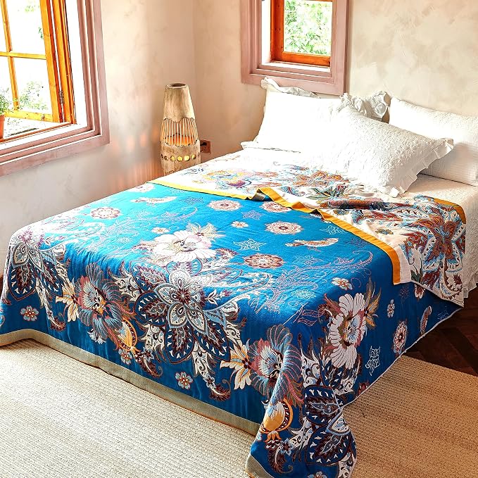 VANJOROY Boho Throw Blanket, 100% Organic Cotton Breathable Skin-Friendly Ultra Soft Bed Quilt Throw - All Season Floral Bird Farmhouse Décor Luxury Blanket for Sofa Couch Chair and Gift. 60" x 80"