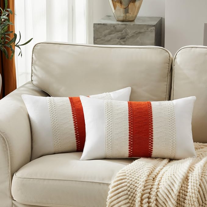 2pk Boho Pillow Covers 12x20, Natural White/Contrast/Orange | 100% Organic Cotton Body, Stripe Embroidery, Farmhouse Decorative Cushion Covers for Sofa Bed Living Room Home Decor