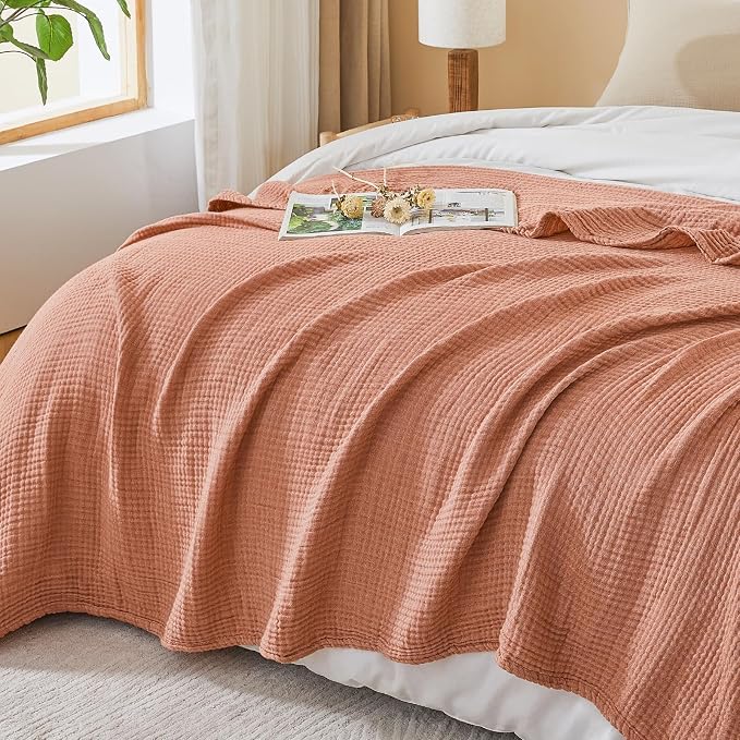 EMME Cotton Muslin Queen Blanket Bed Layering Breathable Gauze Blanket Soft Lightweight Blankets Adults (Orange Red, 90"x90")