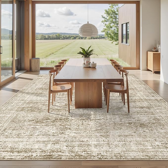 Soalmost Washable Area Rug 8x10 Large Soft Brown Rugs for Living Room | Vintage Non-Slip Carpet for Dining Bedroom, Stain Resistant Low Pile Foldable Lightweight Floor Mat Under Table Home Decor