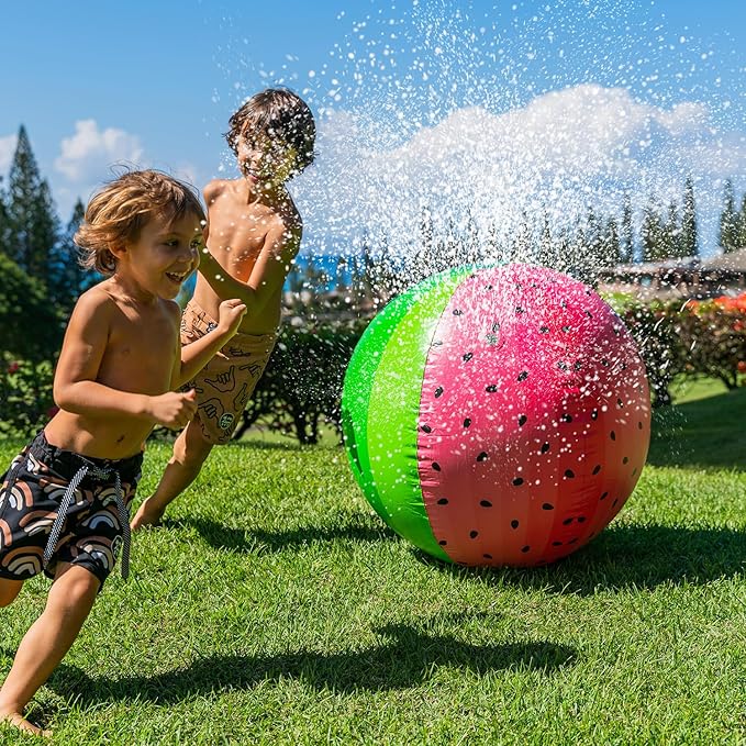 PoolCandy Giant Watermelon Inflatable Sprinkler Ball, Large Backyard Water Sprayer Beach Ball Lawn Toy, Connects to Garden Hose for Kids Adults Summer Outdoor Fun
