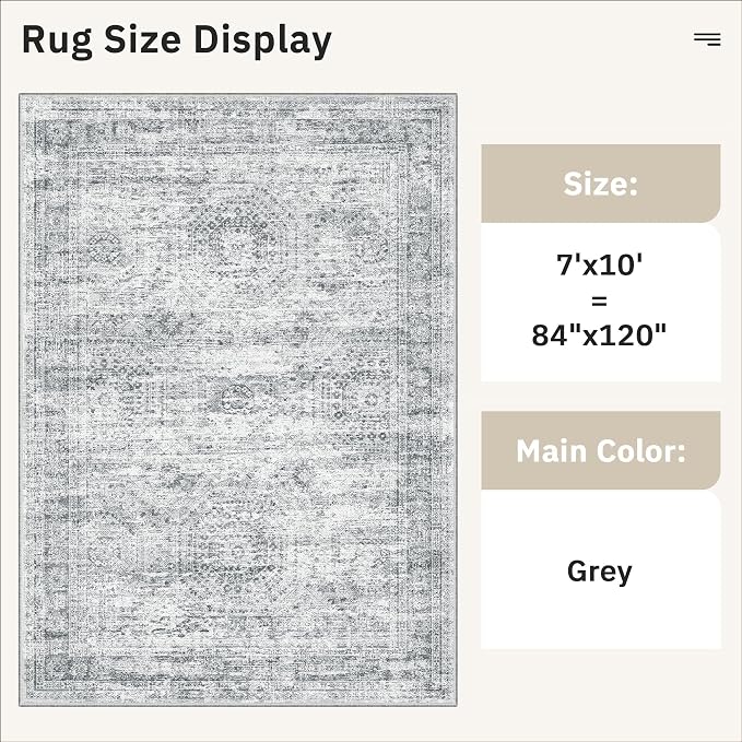 Soalmost 7x10 Area Rug for Living Room Washable Rugs Non-Slip Grey | Low-Pile Vintage Carpet for Dining Bedroom, Foldable Thin Stain Resistant Floor Mat Under Table Home Office Nursery Decor