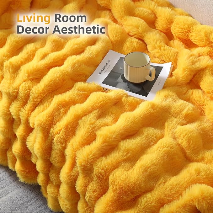 Faux Fur Throw for Couch - Mustard Yellow Bubble Blanket 60"x80" | Fluffy Plush Fuzzy Throw for Sofa & Bed, Super Soft Cozy Comfrt Blanket, Luxury Aesthetic Yellow Decor Gift for Women