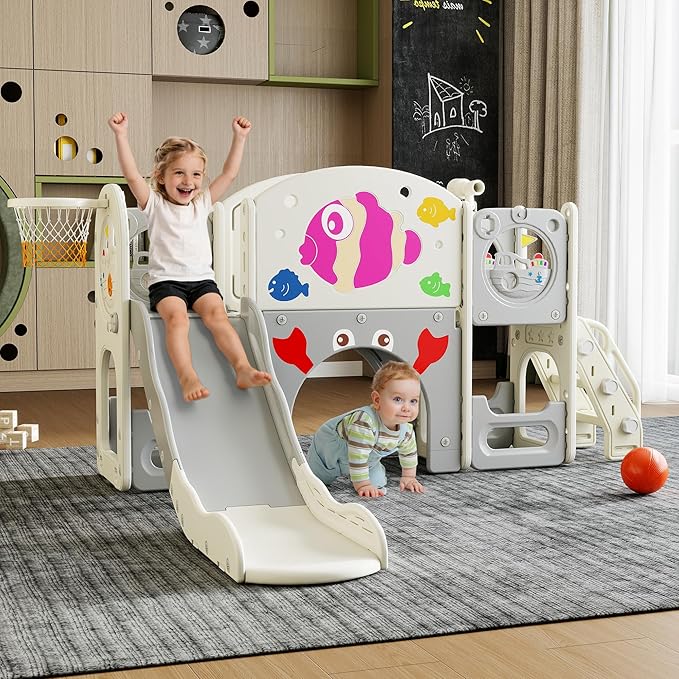 NYEEKOY 8-in-1 Toddler Slide, Toddler Playground, Suitable for Indoor Slides for Toddlers 1-3, with Climber, Basketball Hoop, and Tunnel, Rose Pink Fish