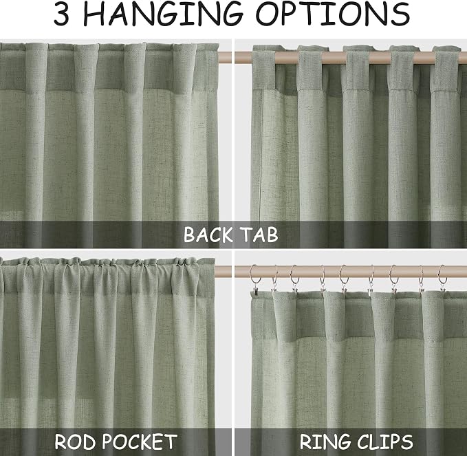 Desert Sage Linen Curtains 63 Inches Long 2 Panel Sets for Living Room Bedroom Rod Pocket Back Tab Light Filtering Drape for Kitchen Window Short Protect Privacy Curtain Modern Farmhouse Decor 52x63