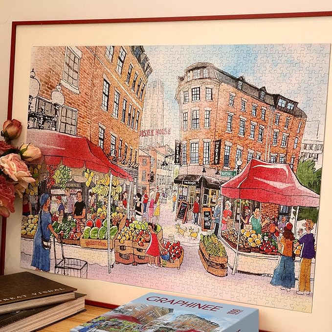 1000 Pieces Jigsaw Puzzles for Adults, Boston Bazaar Puzzle, Unique Shape Puzzles for Family Friends Challenging Games