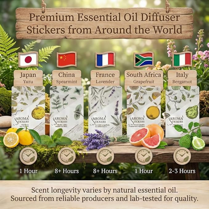 AROMA STICKERS® (Lavender, Pack of 1) - 100% Natural Essential Oil Scented Mask Stickers for Face Mask & Pillow (12 Stickers/pc) -Pure Essential Oil Scented Mask Patch/Personal Aroma/Relaxing
