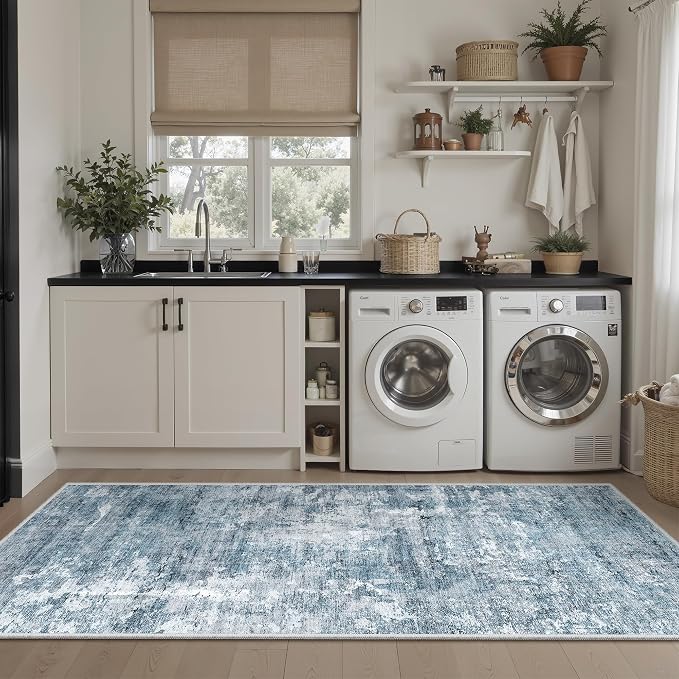 Soalmost Abstratc Runner Rug 2x6 Washable Kitchen Hallway Runners Blue/Grey | Non-Slip Low-Pile Rugs for Entry Bathroom Laundry Room, Vintage Foldable Floor Carpet Mat Entryway for Corridor Bedroom