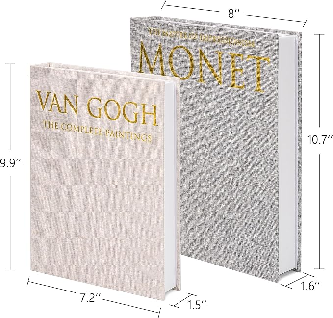 Faux Book Box Storage Set 2-Pack, Linen Beige | Decorative organizer for bookshelf coffee table, eco-friendly odor-free lightweight, sturdy cardboard