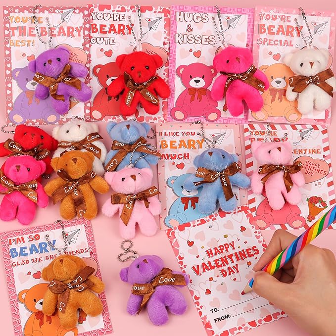 28 Pack Valentines Day Cards for Kids Classroom with Mini Bear Plush Toys Keychain Valentines Day Gifts for Kids School Valentines for Class Exchange Cards Valentines Party Favors Prizes Girls Boys