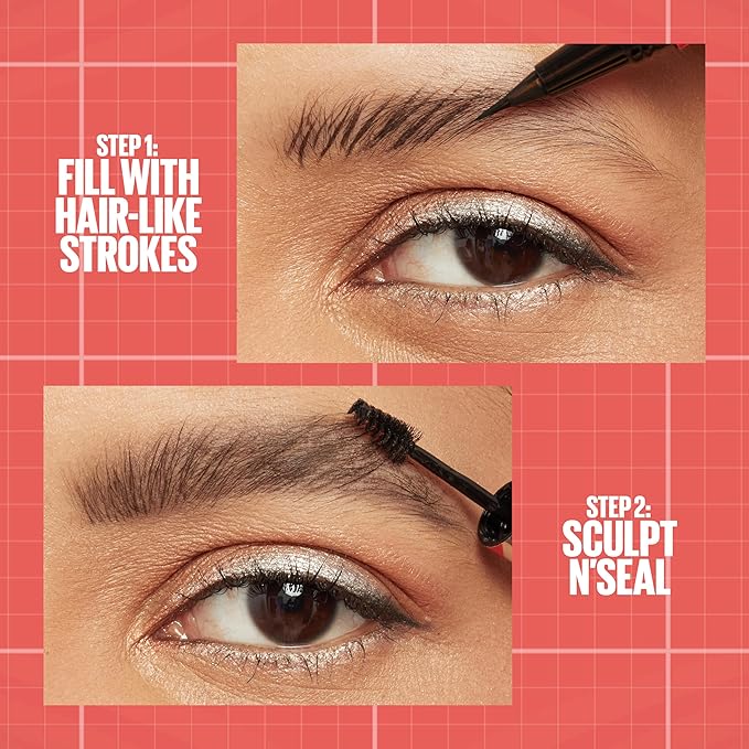 Maybelline Build-A-Brow 2-in-1 Brow Pen and Sealing Eyebrow Gel, Eyebrow Makeup for Real-Looking, Fuller Brows, Deep Brown, 1 Count
