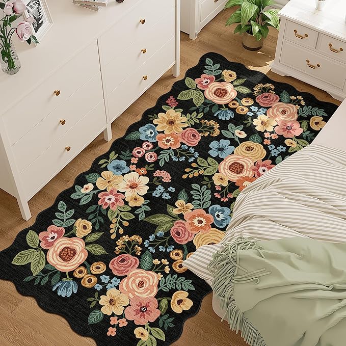 DUKINO 3x6 Runner Rug for Hallway, Washable Kitchen Rug Non Slip, Black | Low Pile, Stain Resistant, Soft Floral Throw Rugs for Entryway, Bedroom, Bathroom, Laundry, Pet Friendly, Modern Home Decor