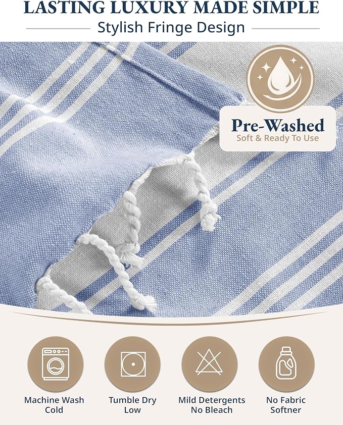 LANE LINEN Turkish Beach Towels, 2 Pack Extra Large Beach Towel, Pre-Washed for Soft Feel, Oversized Sand Free Quick-Dry Pool Towel, Beach Towels for Adults, 39"x71" - Forever Blue