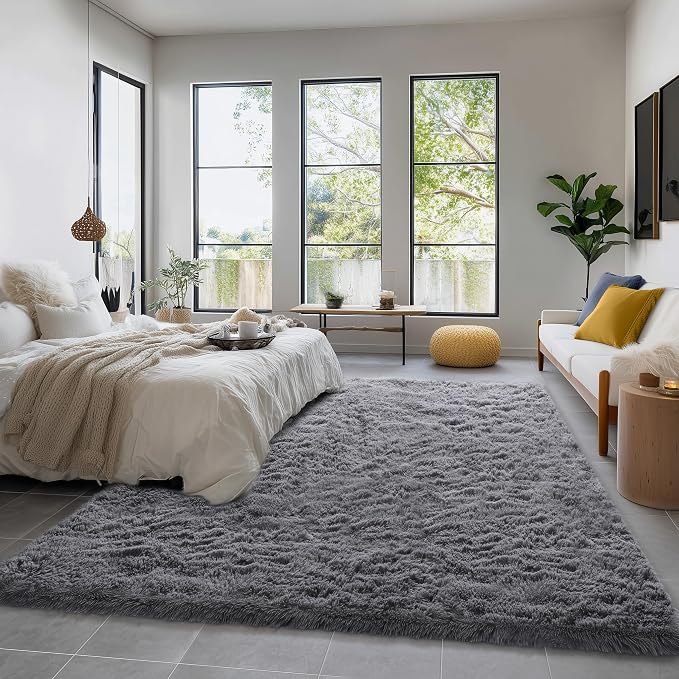 Amdrebio Grey Shag Furry Fuzzy Area Rug 5x8 for Bedroom Living Room Nursery | Plush Shaggy Fluffy Soft Carpet, Classroom Dorm Office Playroom Decor, Modern Neutral Aesthetic, Baby Kids Toddler Corner