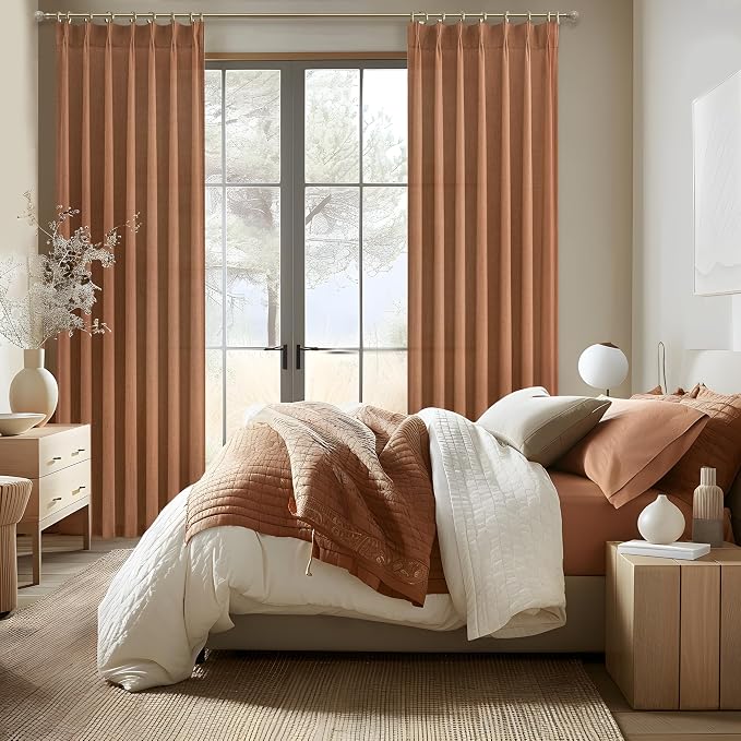 PleatedDrapes Terracotta Linen Curtains 102 Inches Long for Living Room 2 Panels Set, Western Fall Window Light Filtering Boho Curtains Pinch Pleated Track & Back Tab Rust Dark Orange Semi Sheer
