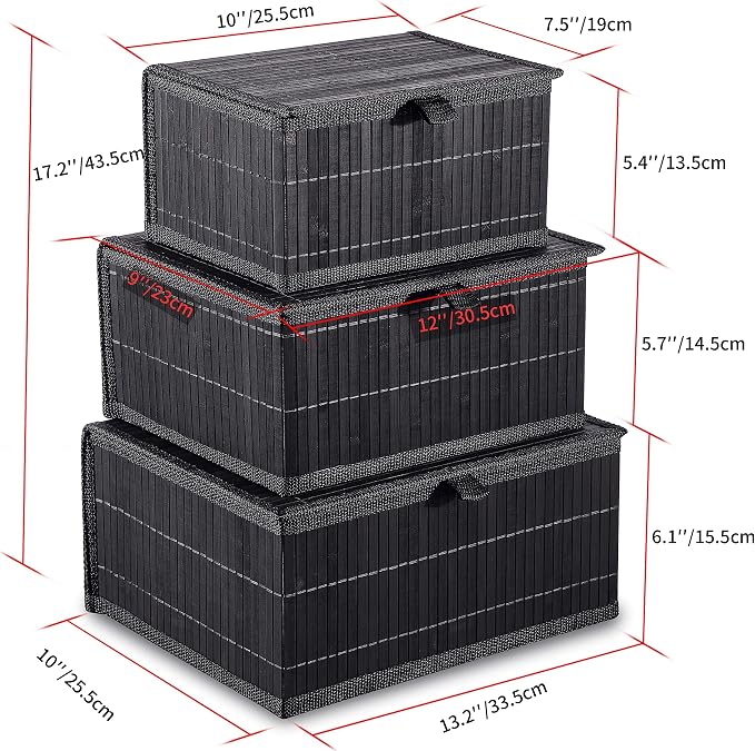 Honygebia Bamboo Decorative Storage Boxes - Set of 3 Woven Lined Storage Basket with Lids, Black Wicker Lidded Baskets for Home Kitchen Shelf Organizer Decor