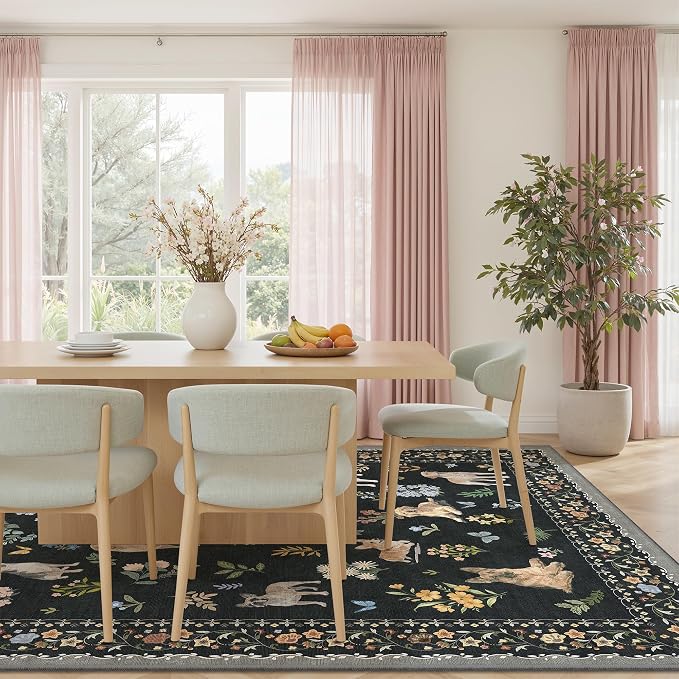 Soalmost Dog 9x12 Area Rugs for Living Room, Washable Animal Soft Rug Black | Floral Vintage Non-Slip Low Pile Cute Throw Large Rugs for Classroom Bedroom Dining Room Nursery Playroom 9' x 12'