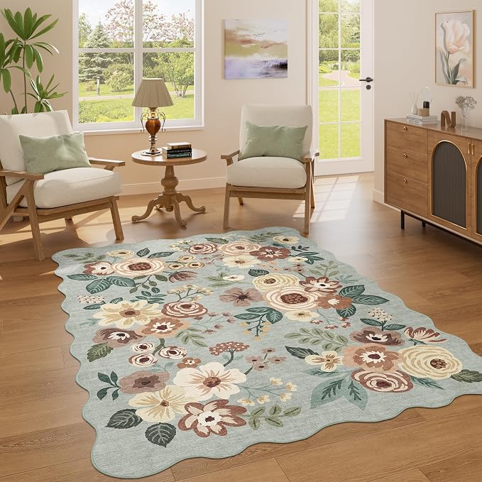 DUKINO 4x6 Area Rug, Non Slip Floral Washable Living Room Rug, Sage Green | Low Pile, Stain Resistant, Soft Throw Rugs for Bedroom, Office, Dining Room, Nursery, Pet Friendly, Home Decor, Lightweight